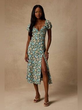 Lulus Meadow Muse Green Floral Tie-Back Puff Sleeve Midi Dress - XL